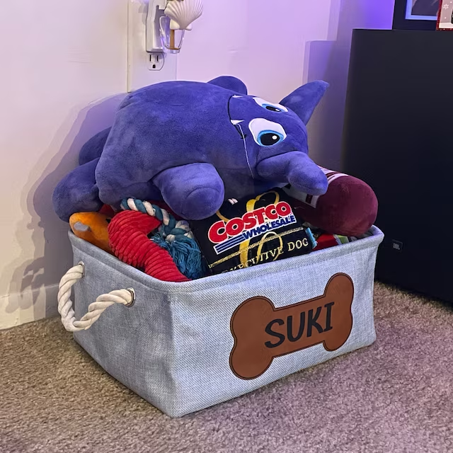Personalized Leather Patch Pet Fabric Toy Basket | BKPet53