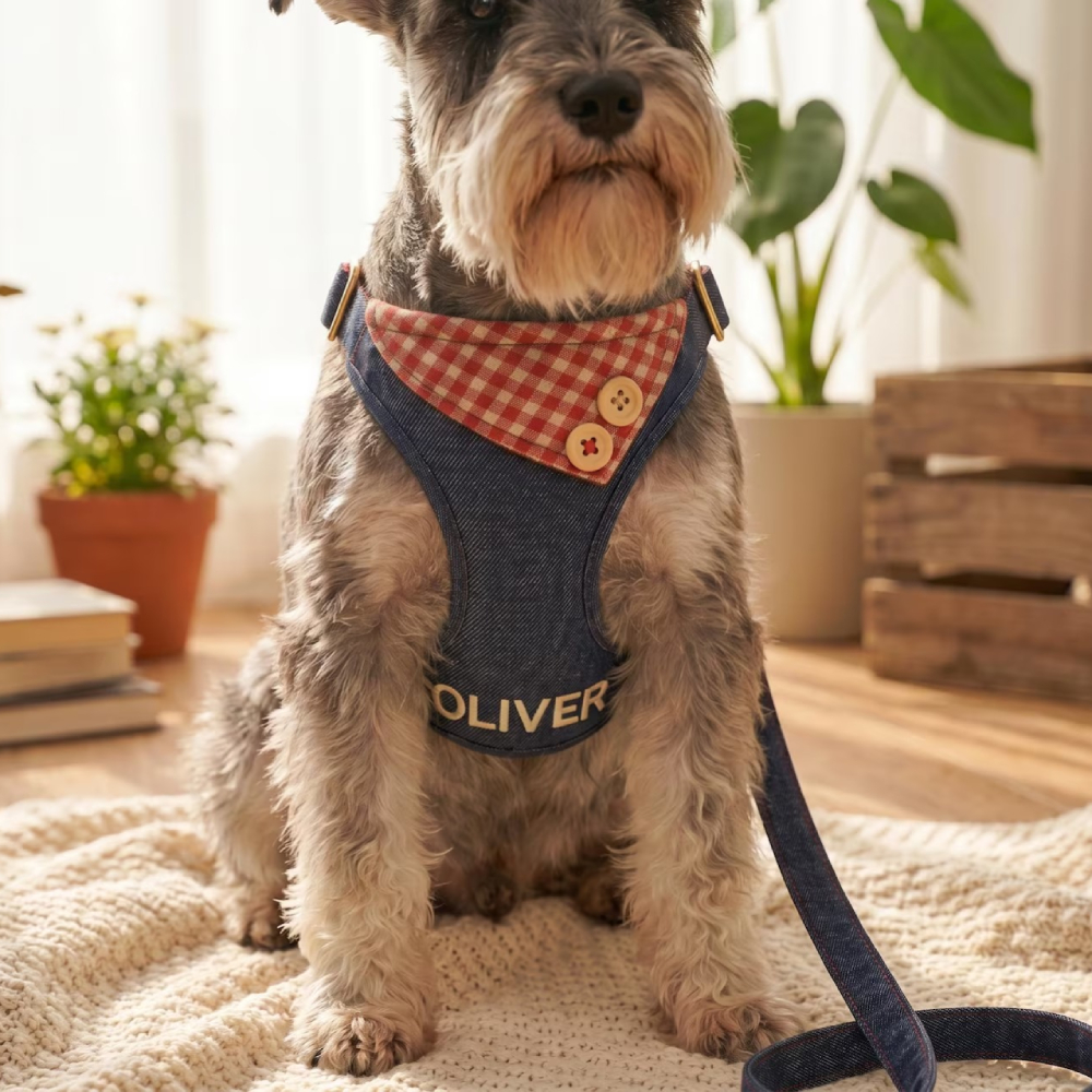 Personalized Embroidered Pet Denim Patchwork Checkered Harness Leash Set | MNAccs87