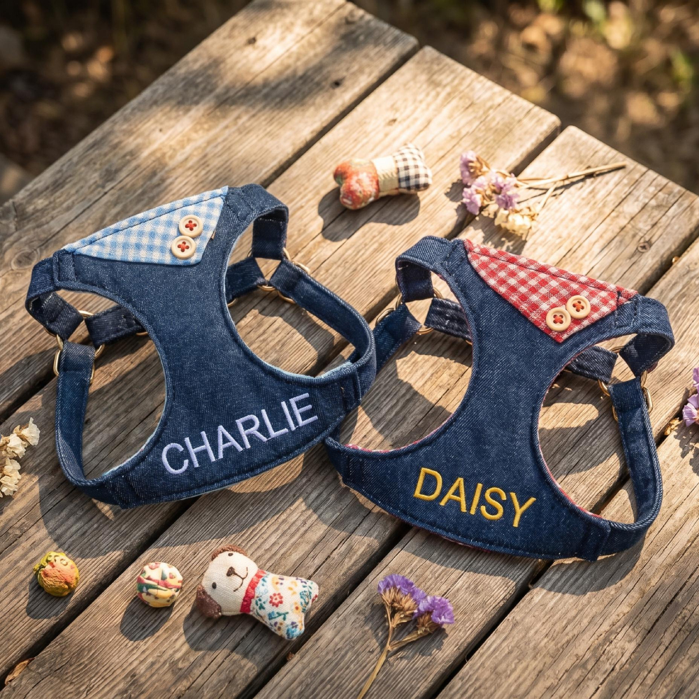 Personalized Embroidered Pet Denim Patchwork Checkered Harness Leash Set | MNAccs87