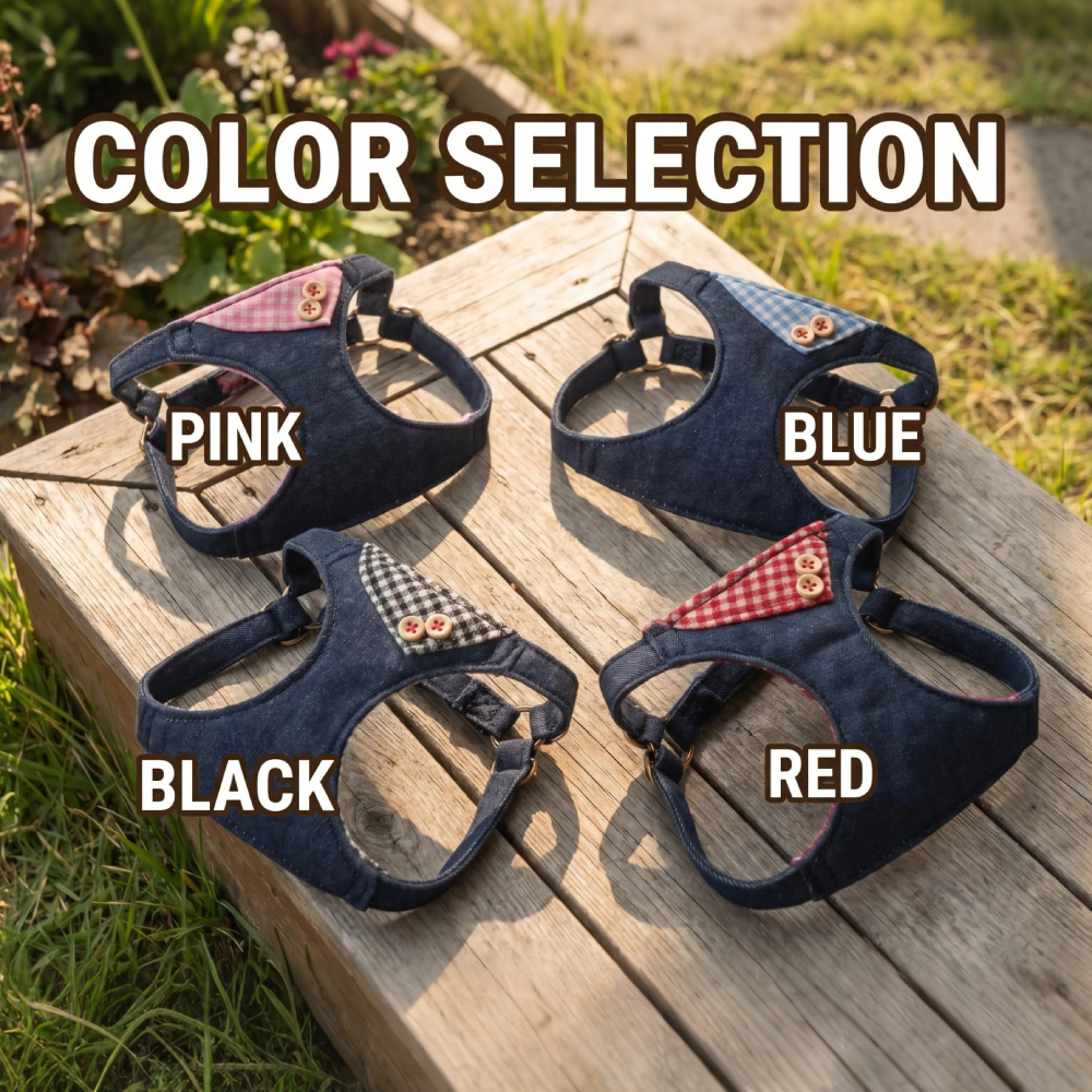 Personalized Embroidered Pet Denim Patchwork Checkered Harness Leash Set | MNAccs87