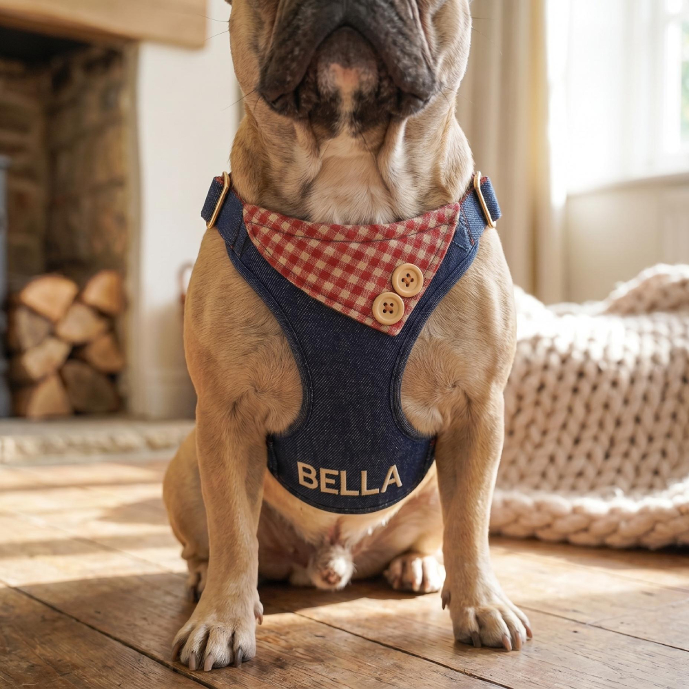Personalized Embroidered Pet Denim Patchwork Checkered Harness Leash Set | MNAccs87