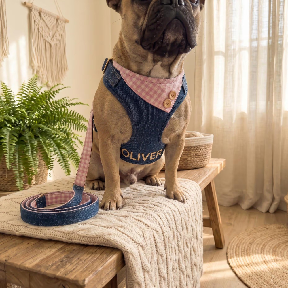 Personalized Embroidered Pet Denim Patchwork Checkered Harness Leash Set | MNAccs87