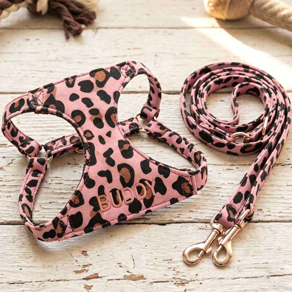 Personalized Embroidered Pet Leopard Print Harness Leash Set | MNAccs86