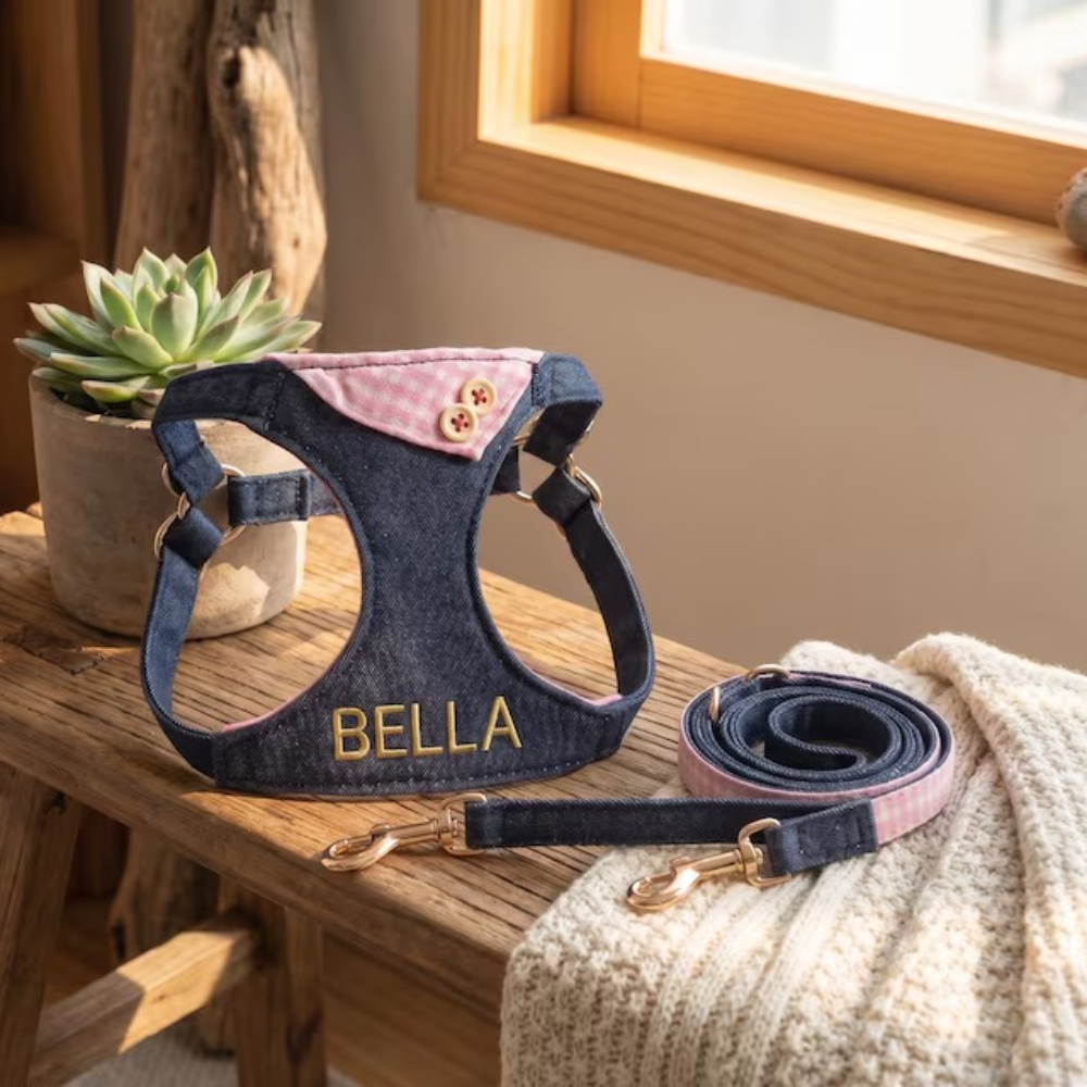Personalized Embroidered Pet Denim Patchwork Checkered Harness Leash Set | MNAccs87