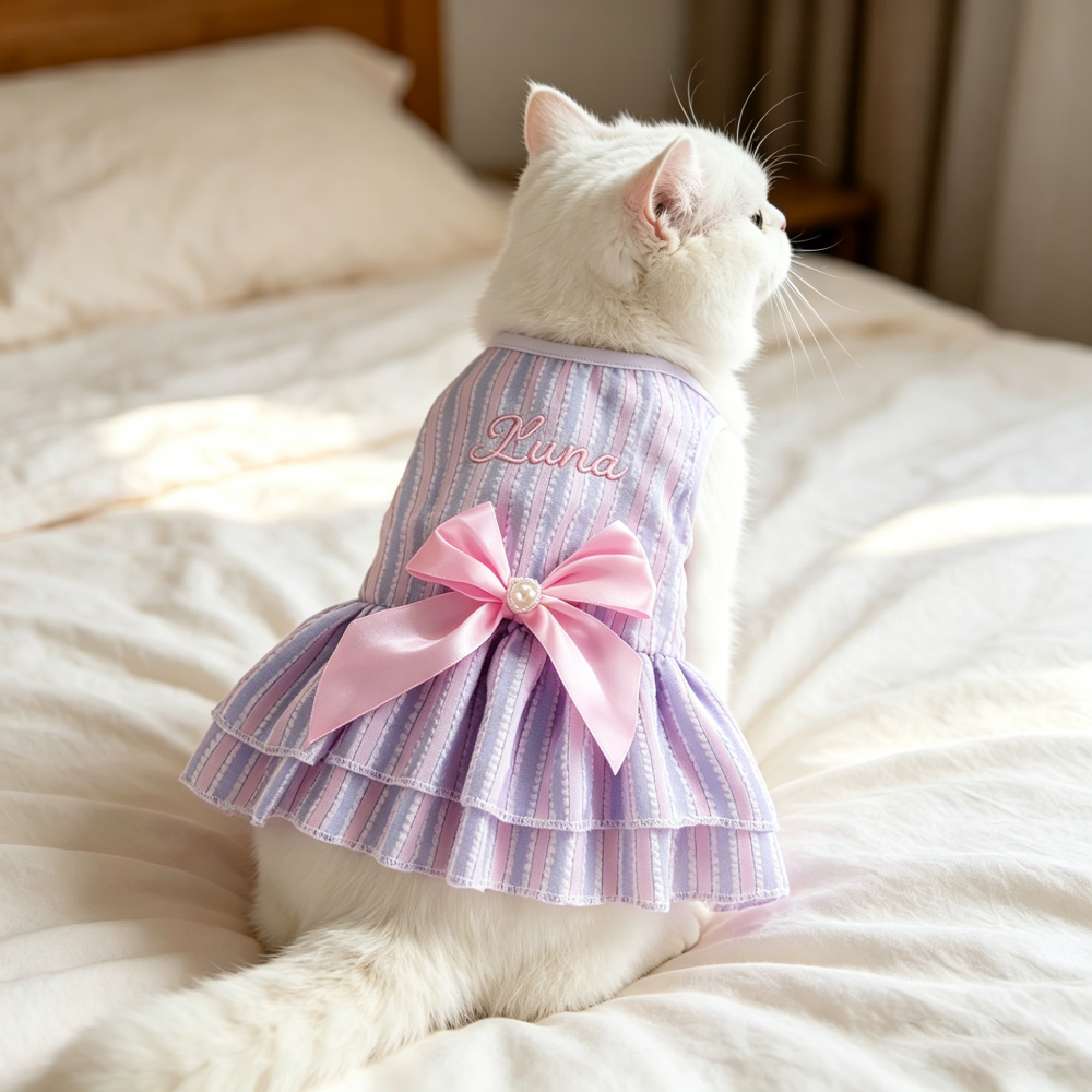 Personalized Embroidery Striped Seersuker Cute Pet Dress with Bow | MNCloth206