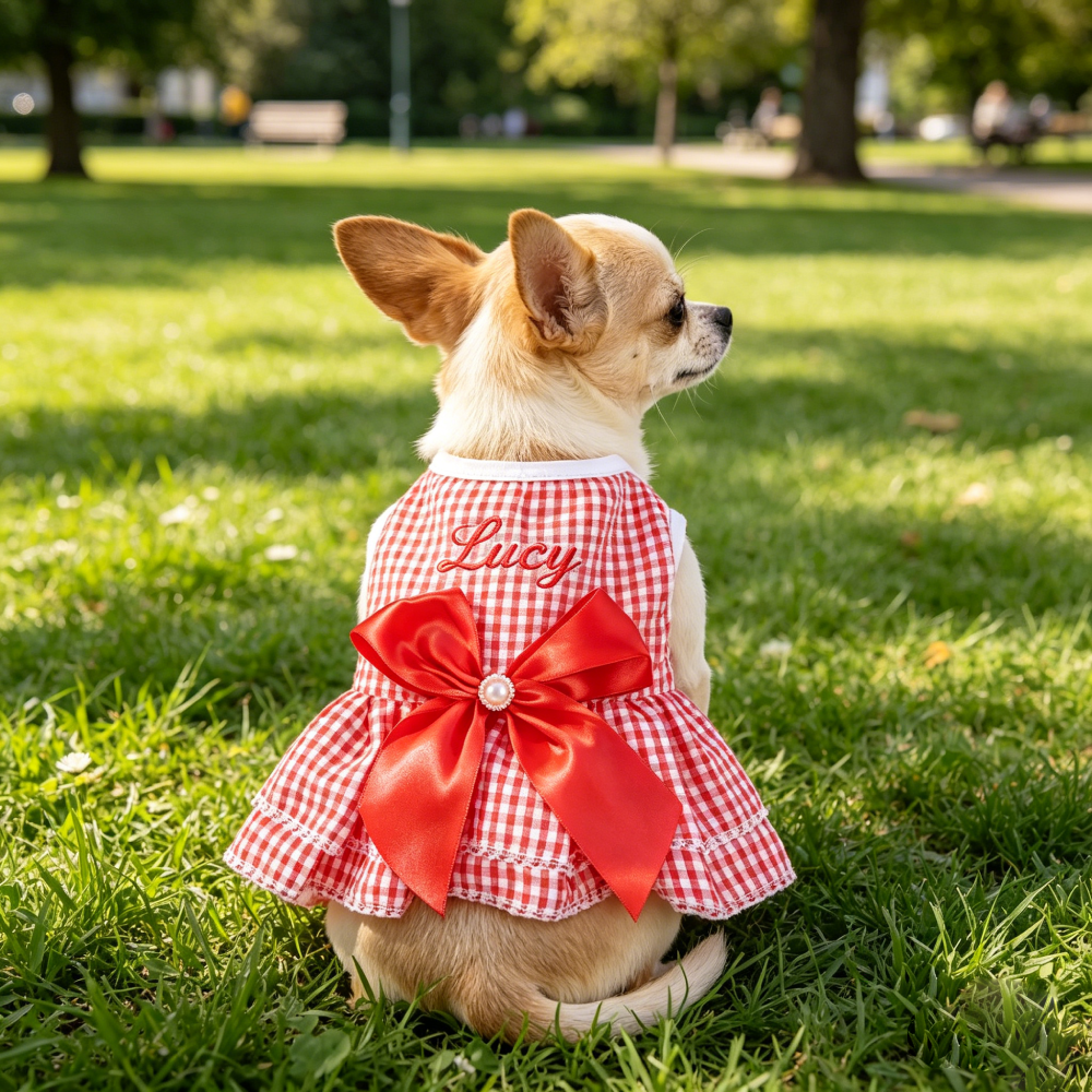 Personalized Embroidery Striped Seersuker Cute Pet Dress with Bow | MNCloth206