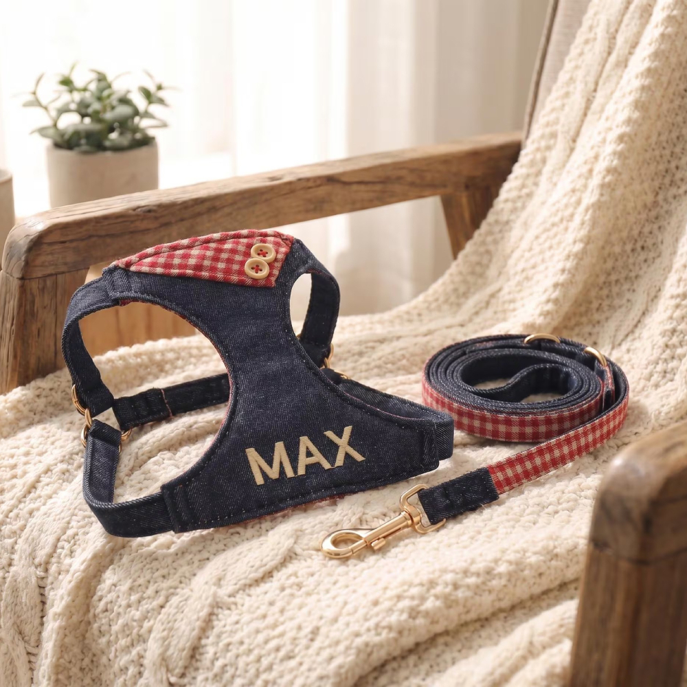 Personalized Embroidered Pet Denim Patchwork Checkered Harness Leash Set | MNAccs87