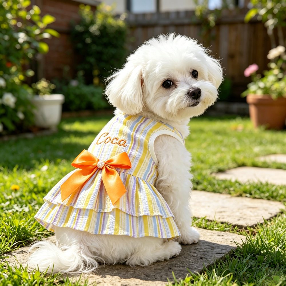 Personalized Embroidery Striped Seersuker Cute Pet Dress with Bow | MNCloth206