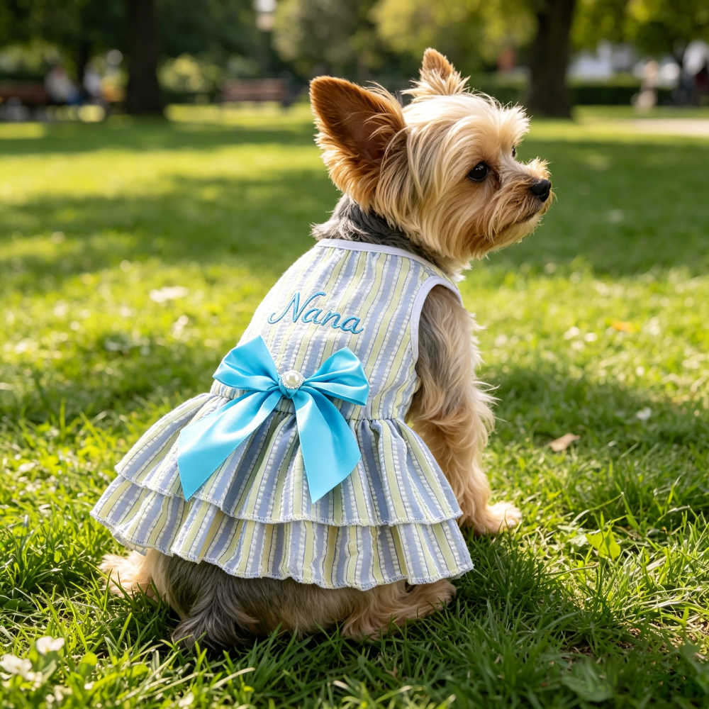 Personalized Embroidery Striped Seersuker Cute Pet Dress with Bow | MNCloth206