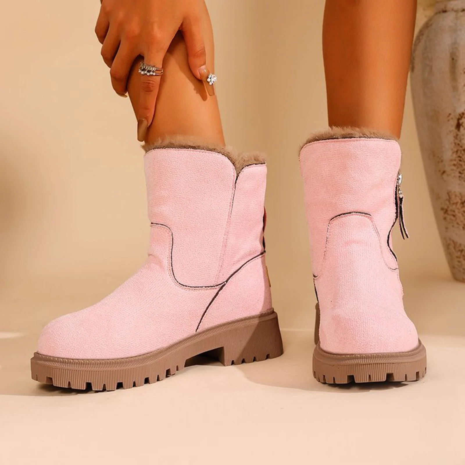 Thermal Winter Boots for Women Warm Furry Lined Mid Calf Boots