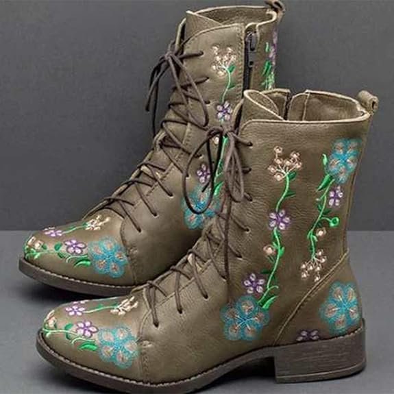 Women's Ladies Boots Shoes Retro Rose Embroidery Lace Up FLAT