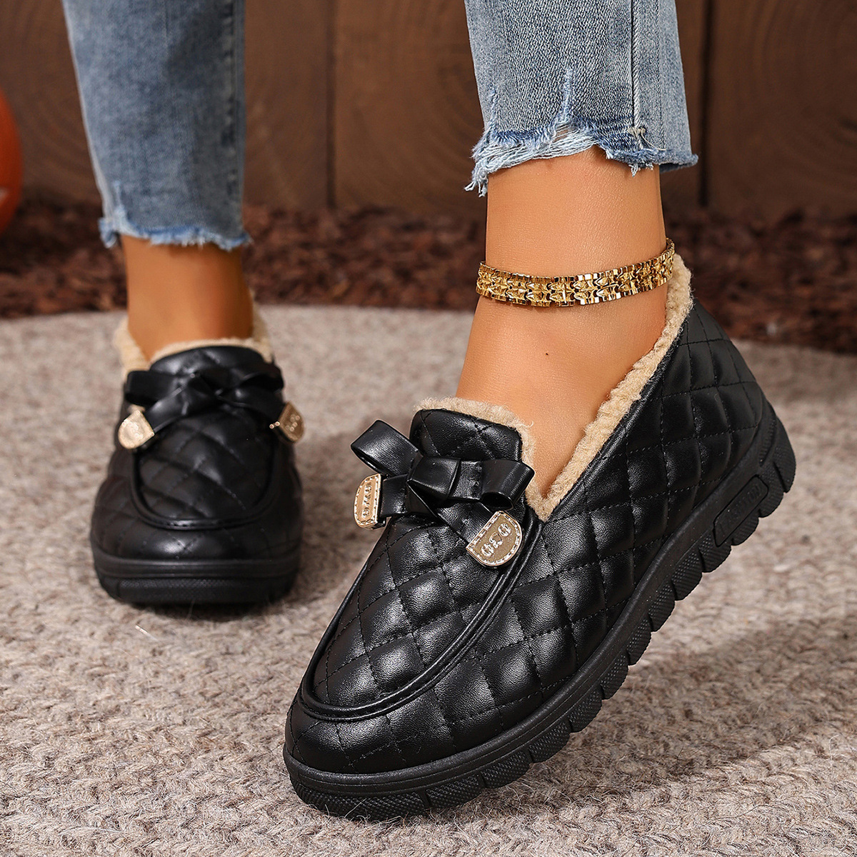 Snow Boots Round Toe Buckle Bowknot Thick Soled Warm Plus Velet Slip On Ankle Booties Comfortable Faux Leather Non-slip Casual Boots