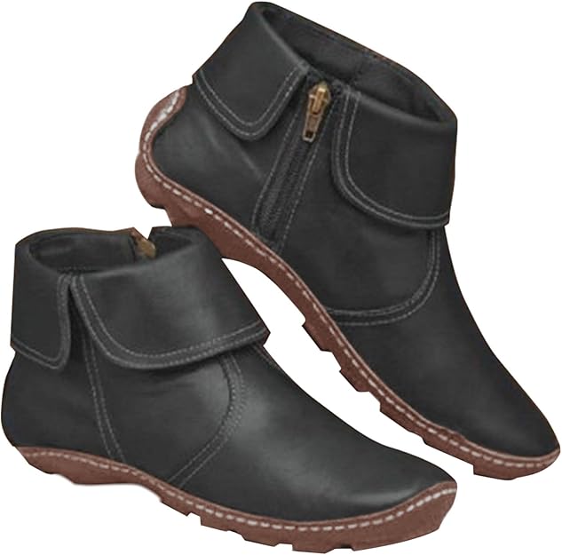 Retro Women Walking Arch Support Boots Faux Leather Zip Flat Ankle Booties Shoes