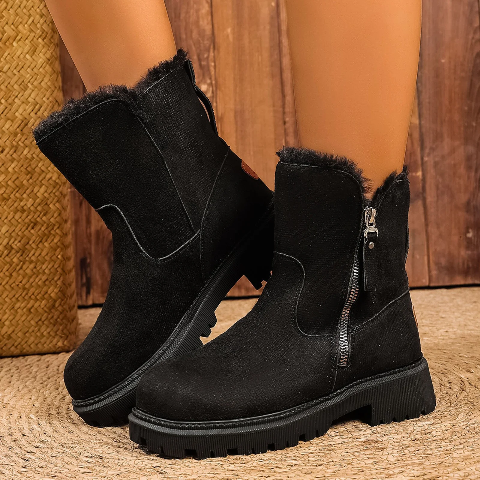 Thermal Winter Boots for Women Warm Furry Lined Mid Calf Boots