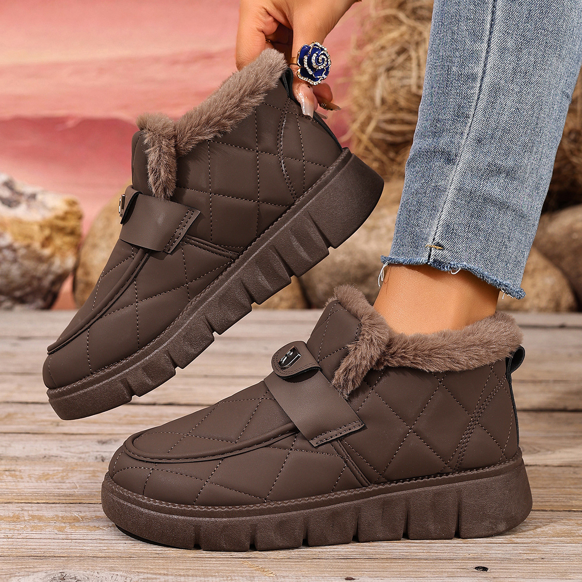 Winter Boots for Women Warm Fur Lined Memory Foam Women Loafer Slippers Outdoor Waterproof Slip on Comfortable Ankle Boots