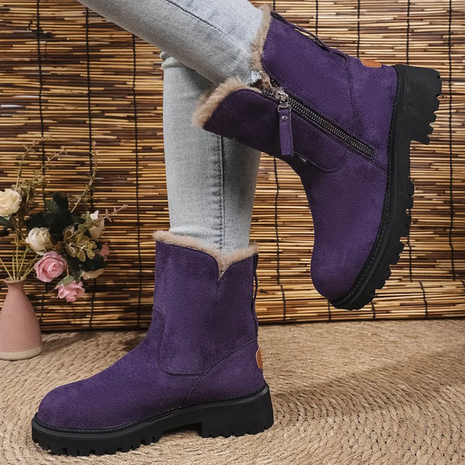 Thermal Winter Boots for Women Warm Furry Lined Mid Calf Boots