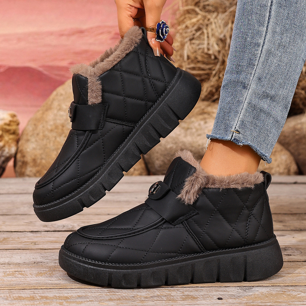 Winter Boots for Women Warm Fur Lined Memory Foam Women Loafer Slippers Outdoor Waterproof Slip on Comfortable Ankle Boots