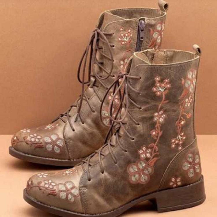 Women's Ladies Boots Shoes Retro Rose Embroidery Lace Up FLAT