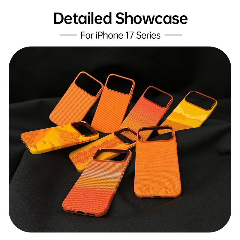Kevlar texture design series cases for iPhone 17 Pro Max, featuring multiple patterns and colors.
