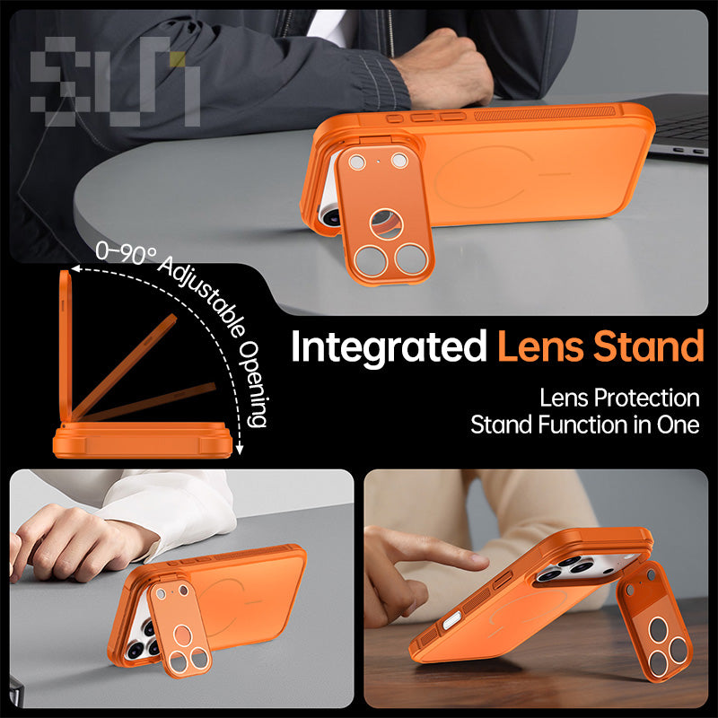 CASESUN Integrated camera cover stand on iPhone 17 Pro Max case with 0–90 degree adjustable viewing angle.