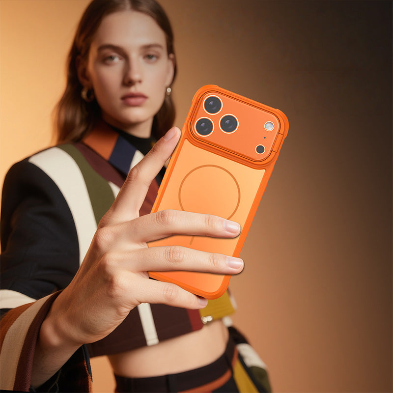 CASESUN Lifestyle photo of iPhone 17 Pro Max wearing a colorful matte MagSafe case with camera cover stand.