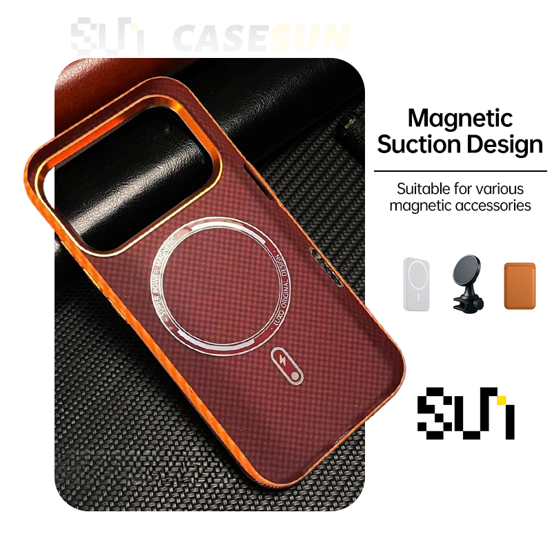 MagSafe magnetic attachment demonstration on N52 Kevlar texture case for iPhone 17 Pro Max.