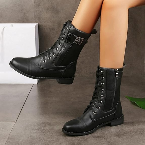 Boots for Women Fashion Low Chunky Heel Lace-up Short Boots Casual Zipper Pointed Toe Comfortable Ankle Boots