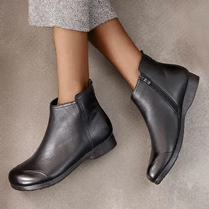 Women Retro Minimalist Leather Soft Flat Ankle  Chelsea Boots
