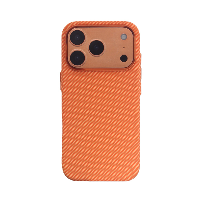 CASESUN orange Kevlar texture phone case for iPhone 17 Pro Max with fine line pattern