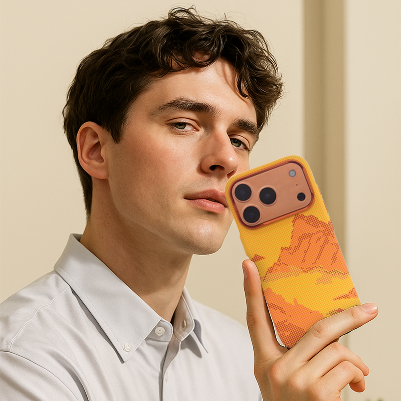 CASESUN ultra-slim Kevlar texture magnetic case for iPhone 17 Pro Max in orange, lightweight and premium feel