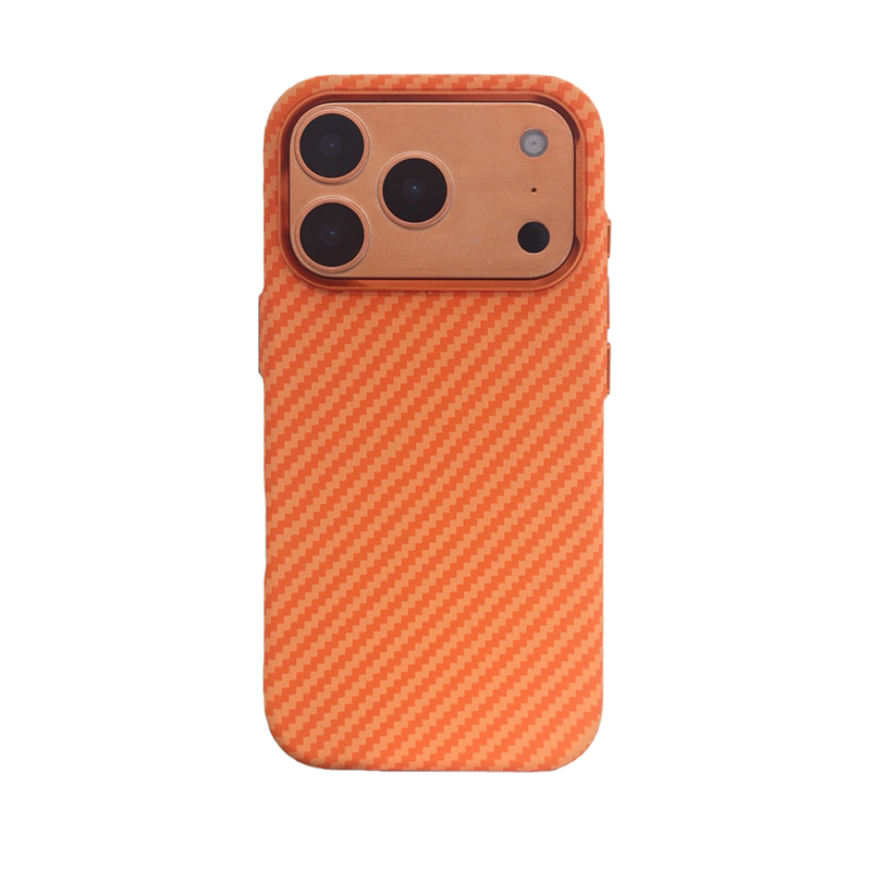 CASESUN orange Kevlar texture phone case for iPhone 17 Pro Max with fine line pattern