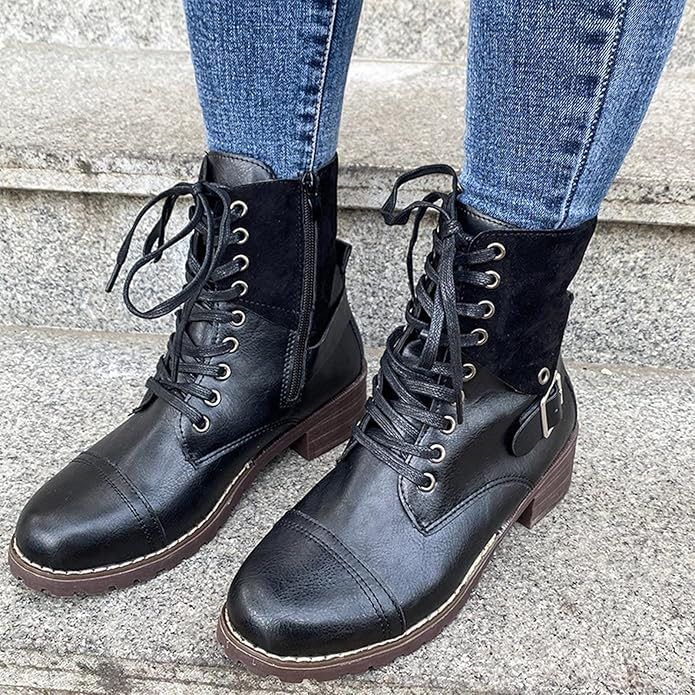 Women’s Chelsea Combat Booties Fashion Side Zipper Buckle Knight Boots Casual Platform Block Heel Ankle Boots