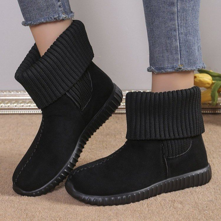 Women's Fashion Casual Autumn Winter Boots – Thermal Round Toe Slip-On with Solid Color Contrast & Flat Sole Ankle-Length for Stylish Everyday Winter Footwear