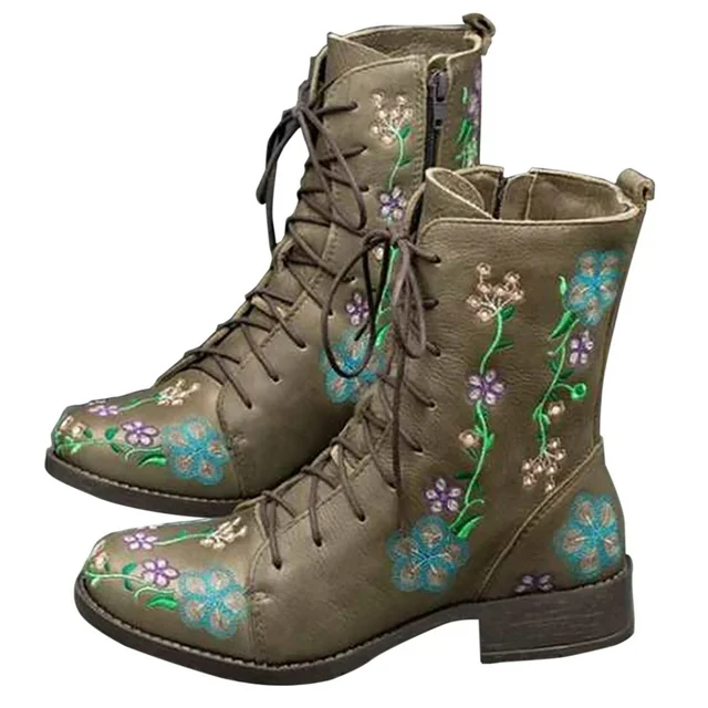 Women's Ladies Boots Shoes Retro Rose Embroidery Lace Up FLAT
