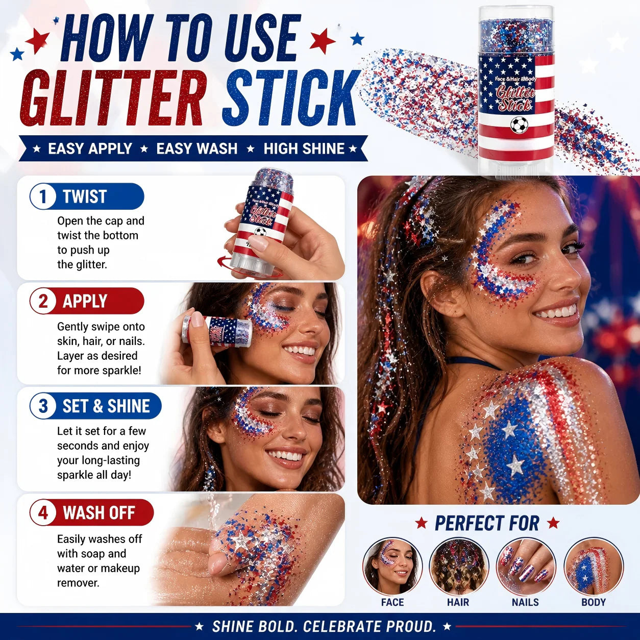🦅4th of July/Soccer Fan Glitter Stick✨🔔Red, White & Blue Body & Hair Sparkle🚝Free Shipping