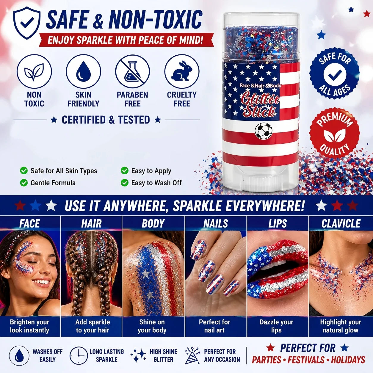 🦅4th of July/Soccer Fan Glitter Stick✨🔔Red, White & Blue Body & Hair Sparkle🚝Free Shipping