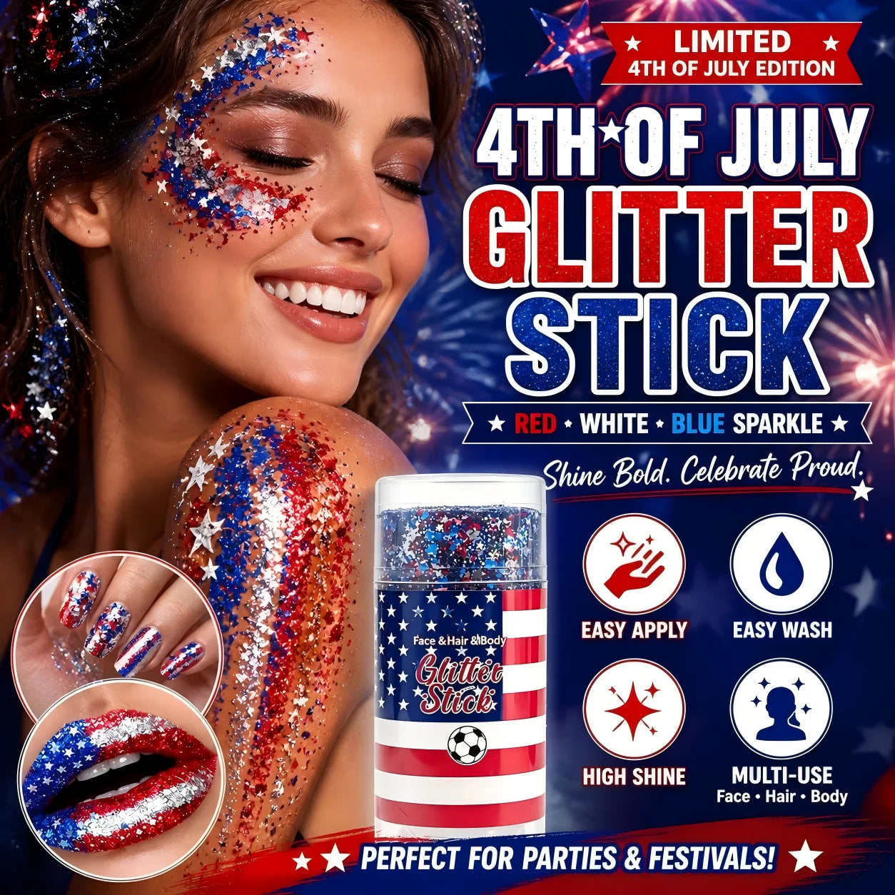 🦅4th of July/Soccer Fan Glitter Stick✨🔔Red, White & Blue Body & Hair Sparkle🚝Free Shipping