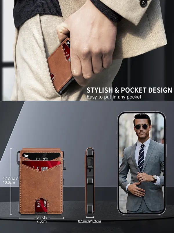 🎁 Perfect Father's Day Gift! - ✨Slim Wallet for Men with Pop-Up Aluminum Case, RFID Blocking & Money Clip | Minimalist Leather Bifold Card Holder