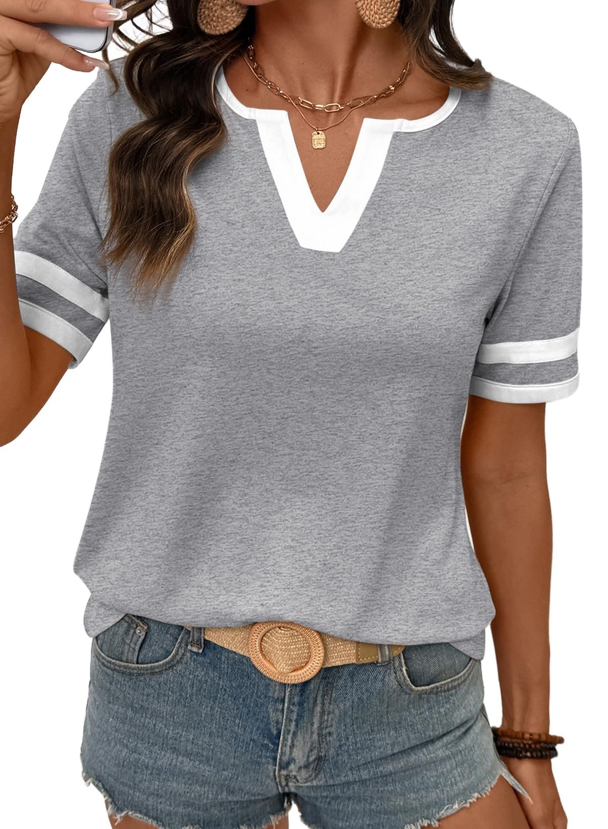 🌞2026 Spring/Summer Women's Casual Colorblock V-Neck T-Shirt - White with Black Trim, Short Sleeve Loose Fit Top with Striped Cuffs