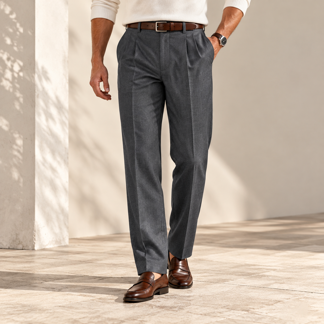 High Waist Pleated Trousers with Comfort Stretch Waistband