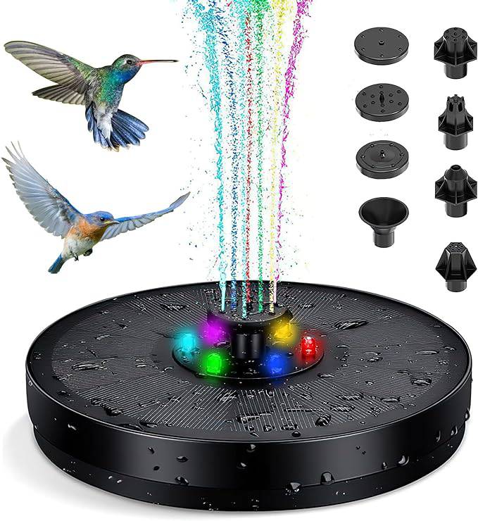 Solar Fountain Pump Kit with Optional Colorful LED Lights and Smart Light Detection for Garden and Bird Bath