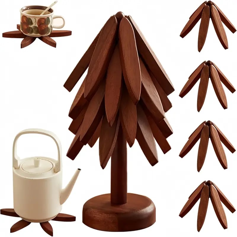 🎁Last Day Promotion 49% OFF🔥Natural Tree Trivet Set - 4 Wooden Trivets & 1 Stand Like a Christmas Tree