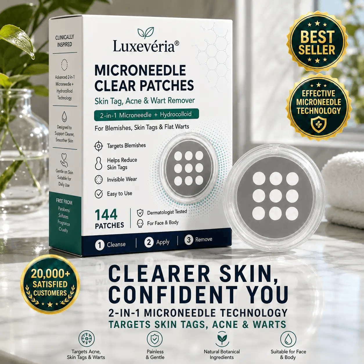 🥰Last Day Discount！✨Luxevéria 2-in-1 Microneedle & Hydrocolloid Patch🍀| Removes Raised Moles, Acne, Flat Warts & Skin Tags | Helps Improve Wrinkles, Scars & Blemishes | Invisible Patches for Face & Body