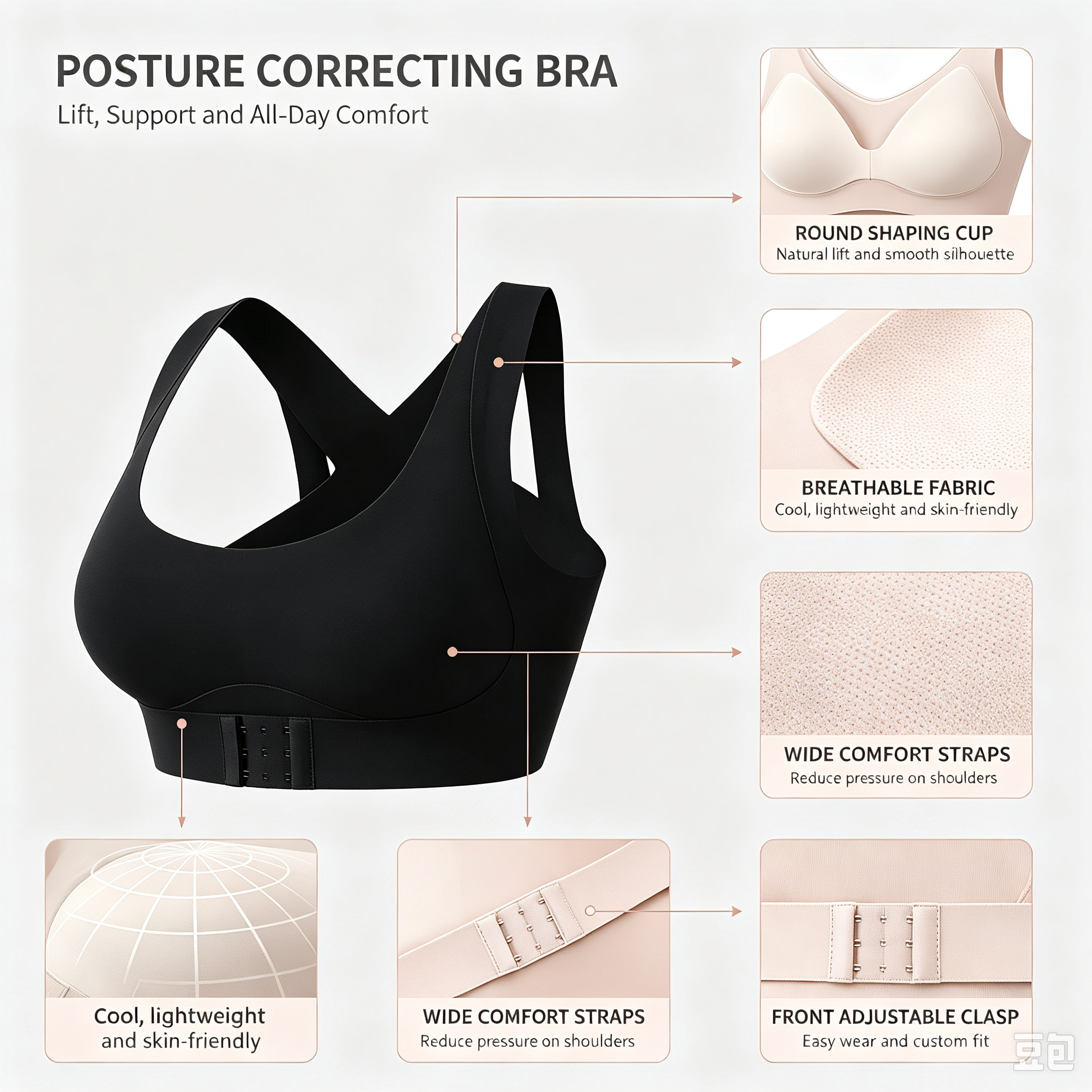 Cross Back Front Closure Wireless Posture Support Bra