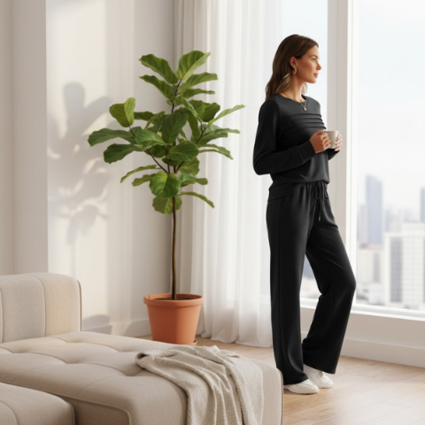 🔥LAST DAY 45% OFF✨Women’s Crew Neck Lounge Set - Soft Cotton Top & Drawstring Pants