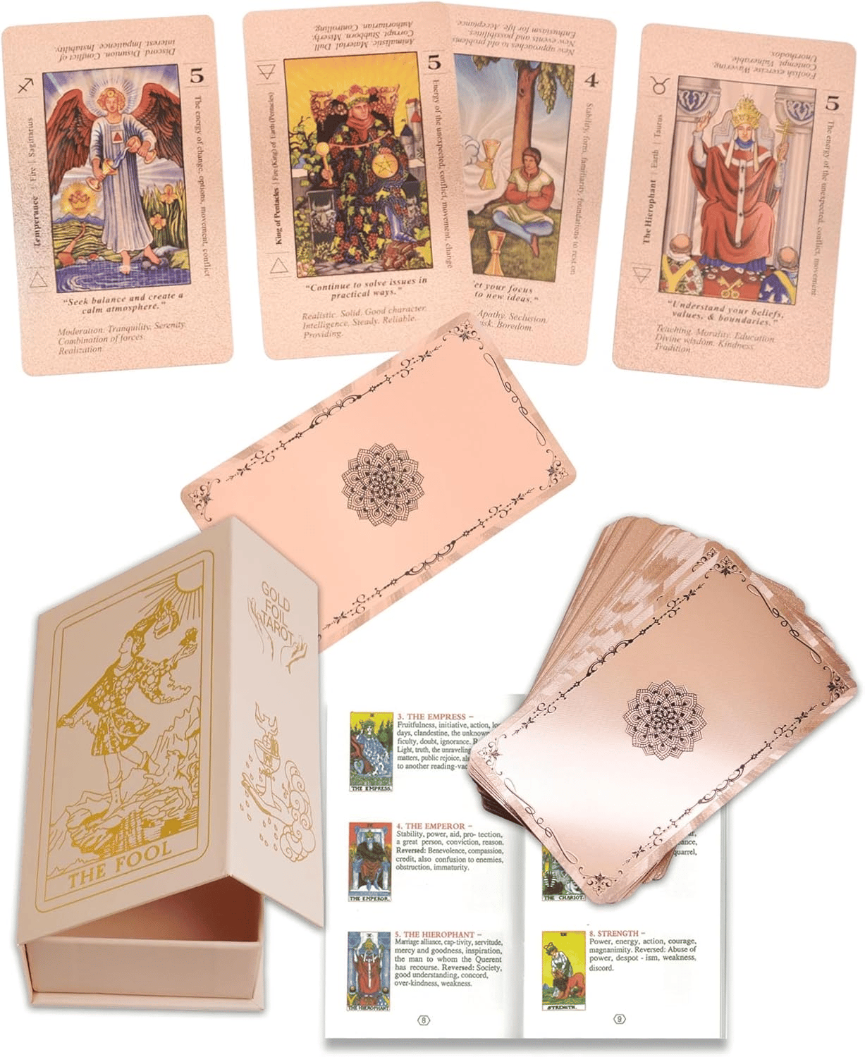 Rose Gold Tarot Cards with Guide Book Waterproof Wrinkle Resistant Foil Tarot Deck for Beginners Includes Chakras Planets Zodiac Signs Elements & Affirmations