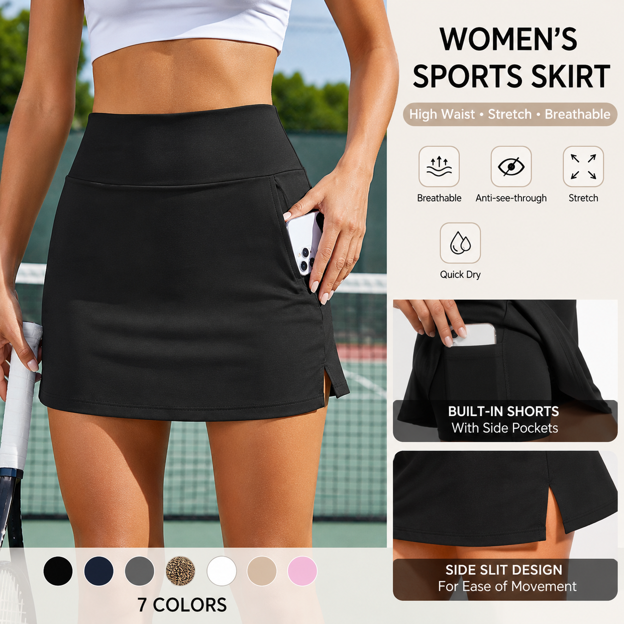 ☁️Women's Solid Color Leopard Stretch High Waist Straight Slit Mini Sports Skirt Short Skirt Breathable Anti-See-through Stretch Pencil Mini Skirt whith shorts Casual Skin Friendly🏃‍♀️