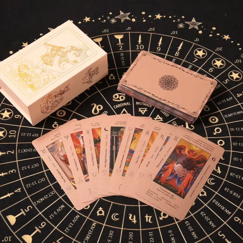 Rose Gold Tarot Cards with Guide Book Waterproof Wrinkle Resistant Foil Tarot Deck for Beginners Includes Chakras Planets Zodiac Signs Elements & Affirmations