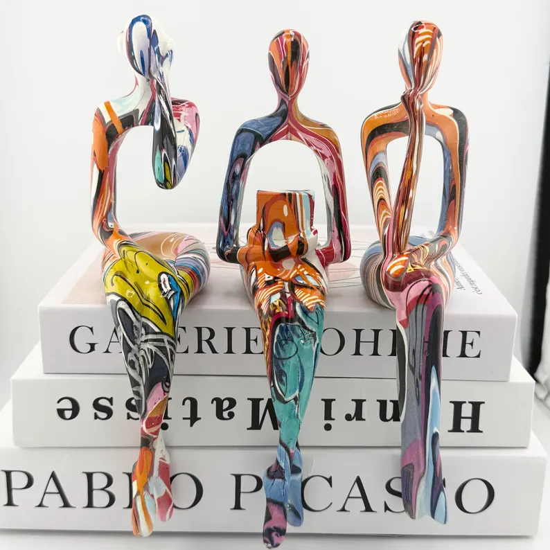 Abstract Pop Art Sculptures - Thinking, Reading & Hearing Figurines for Modern Desk and Bookshelf Decor
