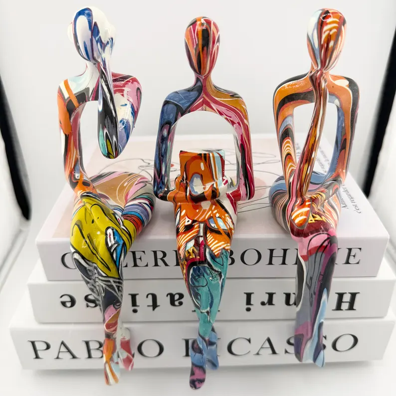 Abstract Pop Art Sculptures - Thinking, Reading & Hearing Figurines for Modern Desk and Bookshelf Decor